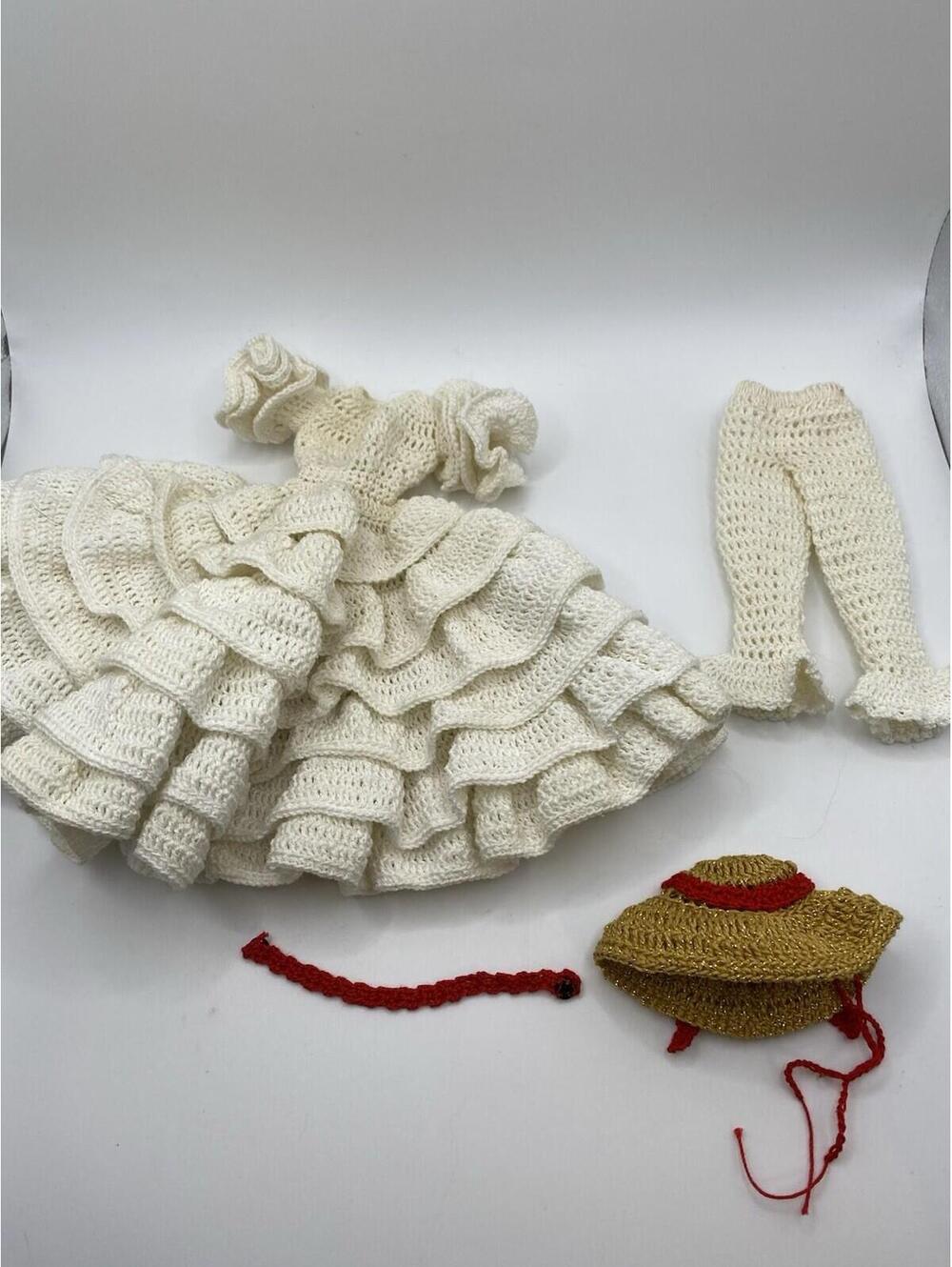 Vtg. Barbie Dress- Hand Crocheted Off White Tiered Ruffle Dress, Pants,hat , B20